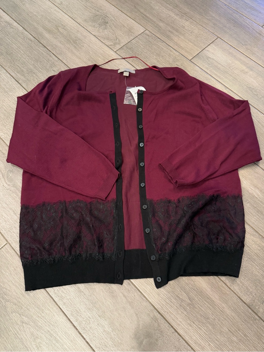 One A Maroon Knit Crewneck cardigan with lace trim